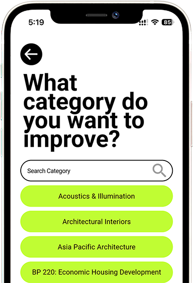 Quizaminute LEA Review Category Selection Quizaminute screen for choosing LEA subjects and categories to focus on during architecture board exam review.
