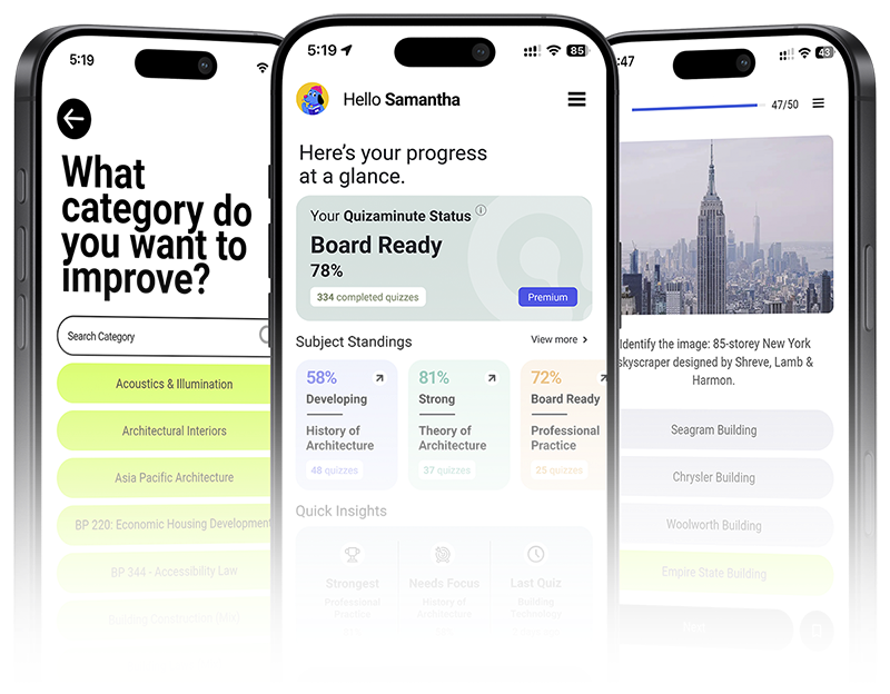 Quizaminute LEA Reviewer App Final CTA Desktop Quizaminute LEA reviewer app screens showing practice questions, category selection, and review progress tracking for architecture board exam review.