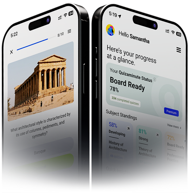 Quizaminute LEA Reviewer App Final CTA Mobile Quizaminute LEA reviewer app screens showing practice questions, category selection, and review progress tracking for architecture board exam review.