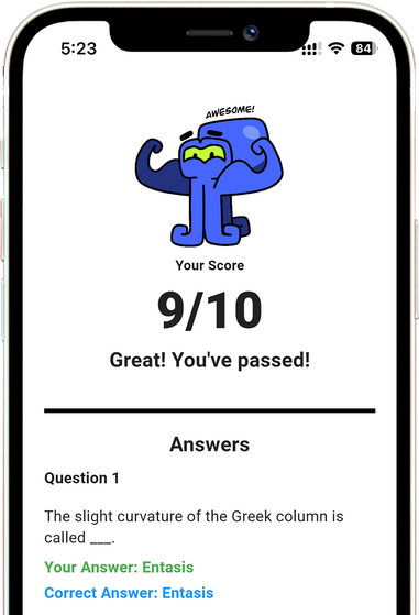 Architecture board exam online quiz interface showing scores and feedback, helping students in the Philippines track progress and prepare for ALE exams