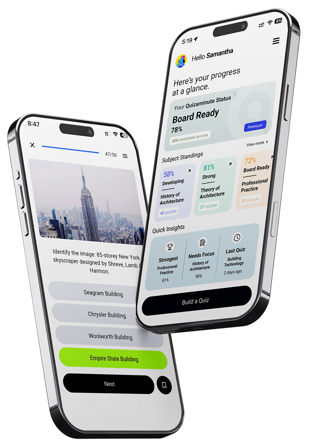 Quizaminute LEA Reviewer App for Architecture Board Exam Quizaminute LEA reviewer app showing Architecture Licensure Exam practice questions and review progress tracking on mobile screens.