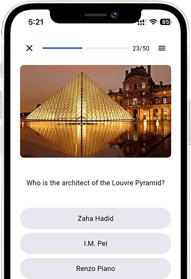 Quizaminute LEA Practice Question Screen Mobile quiz screen showing an LEA practice question with multiple-choice answers for Architecture Licensure Exam review.