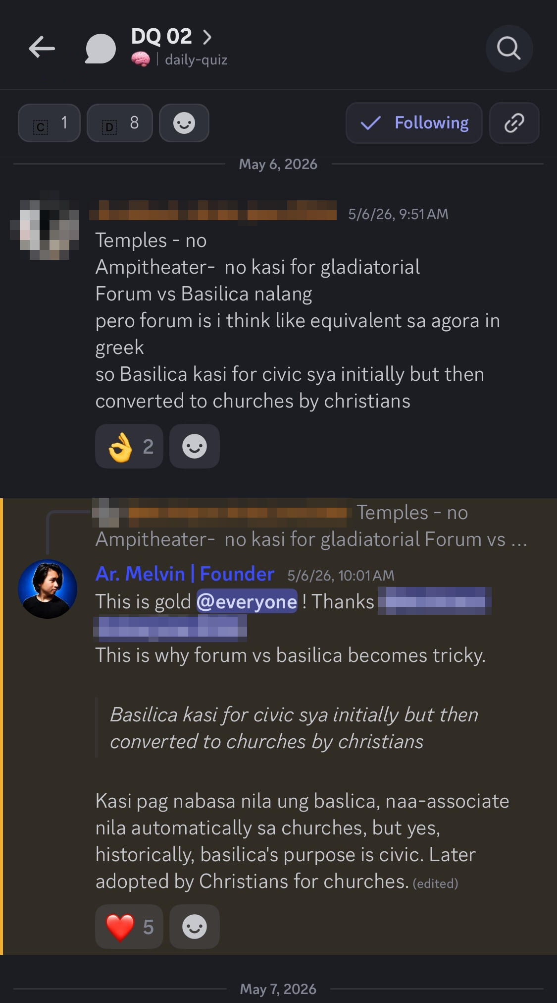 Quizaminute Discord Daily Quiz Discussion Quizaminute Review Room Discord screenshot showing a daily quiz discussion where LEA reviewees explain answers and learn through guided discussion.