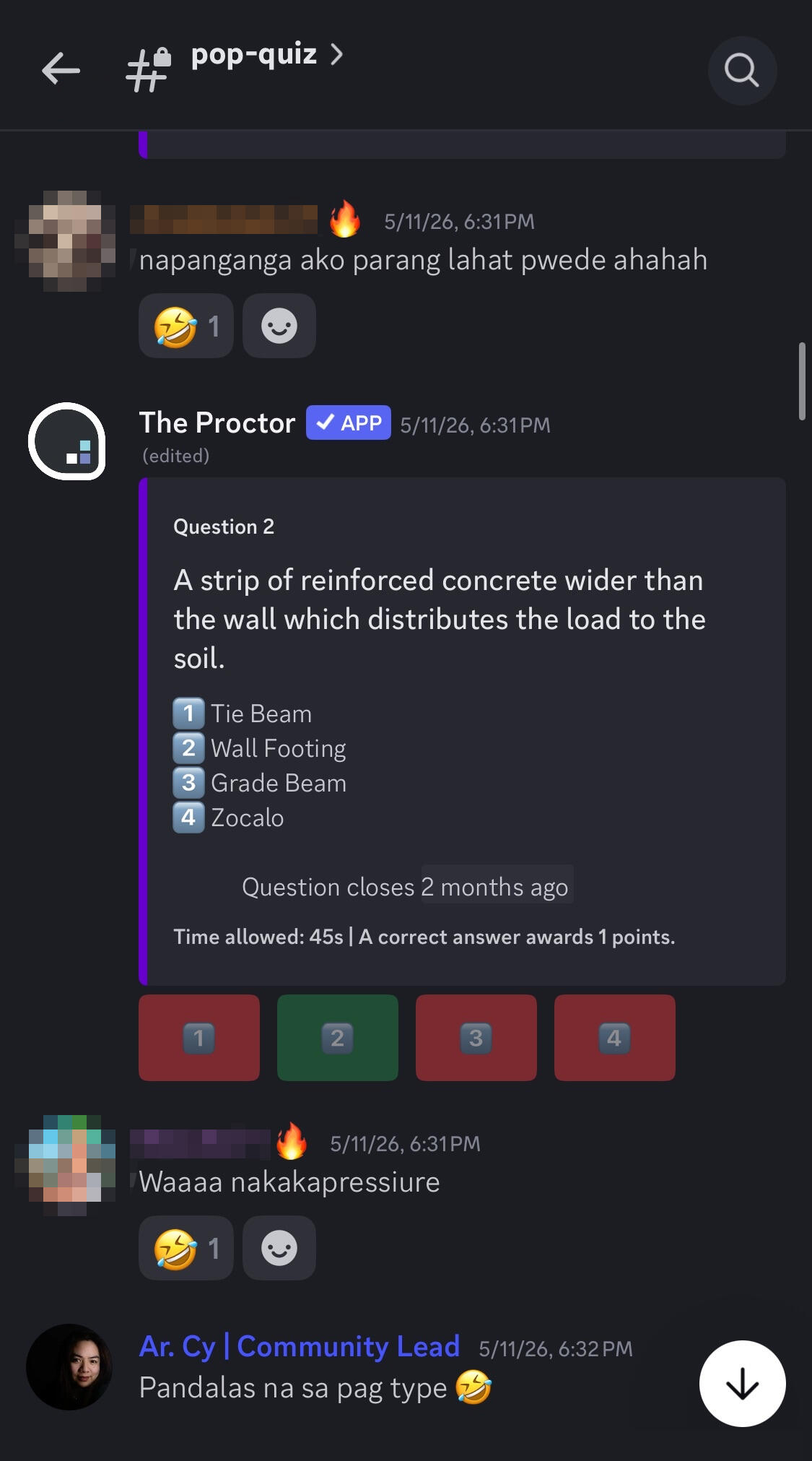Quizaminute Discord Live Quiz Session Quizaminute Review Room Discord screenshot showing a live LEA quiz session with timed questions, answer choices, and real-time community participation.