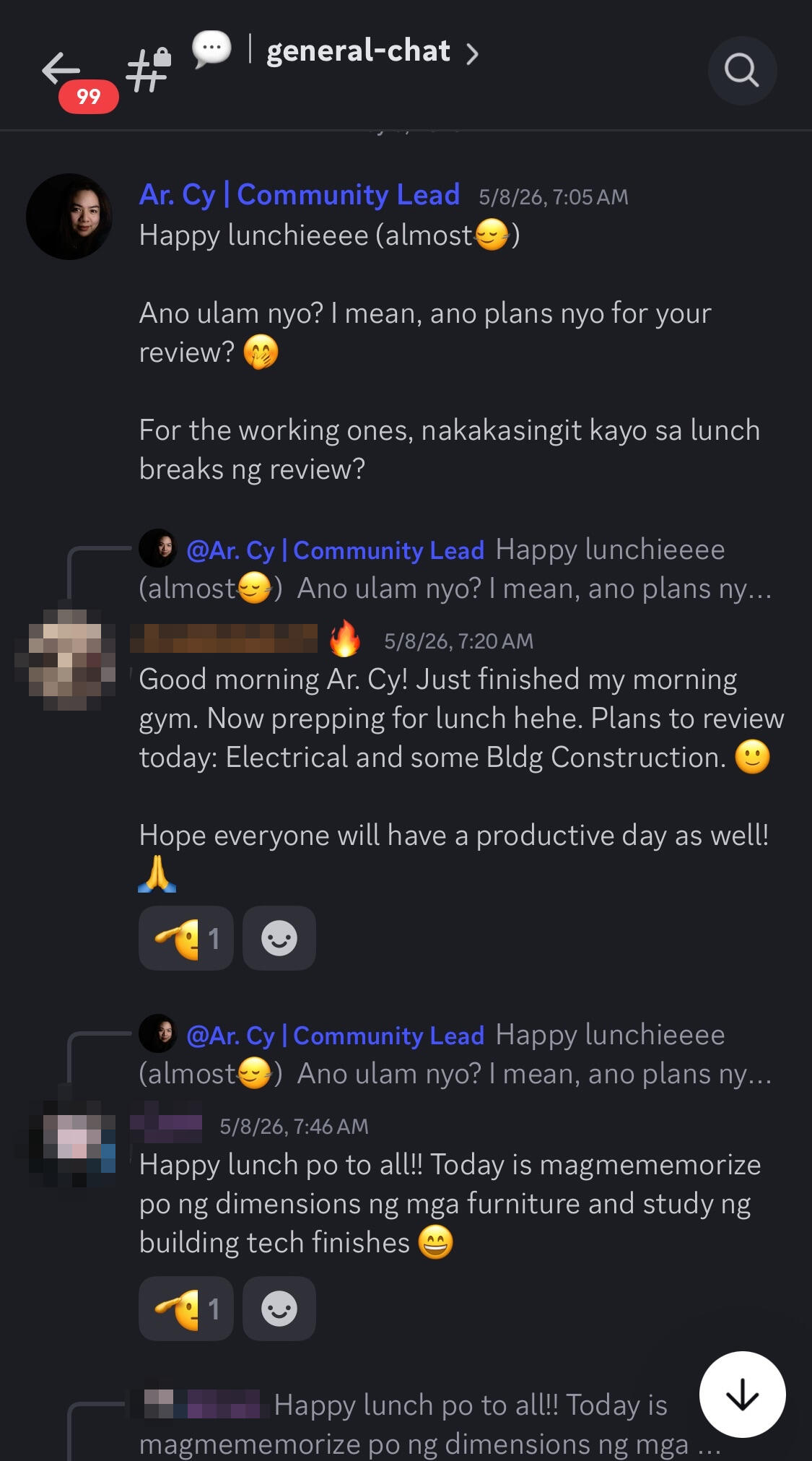 Quizaminute Discord Review Community Chat Quizaminute Review Room Discord general chat showing LEA reviewees sharing study plans, lunch-break review routines, and community check-ins.