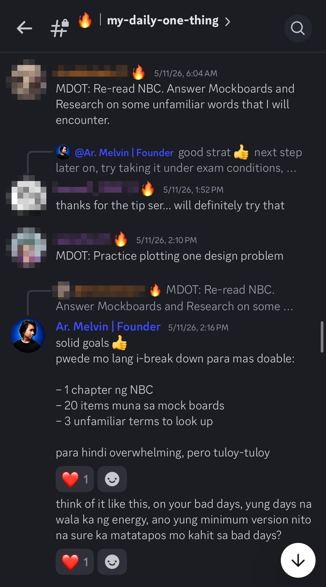 Quizaminute Discord MDOT Review Consistency Quizaminute Review Room Discord screenshot showing the My Daily One Thing channel, where LEA reviewees share small daily study goals and accountability check-ins.